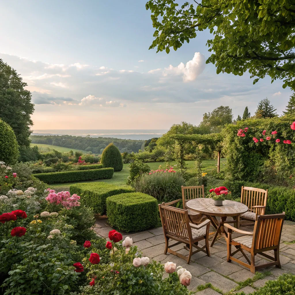 A serene garden with beautifully crafted wooden furniture